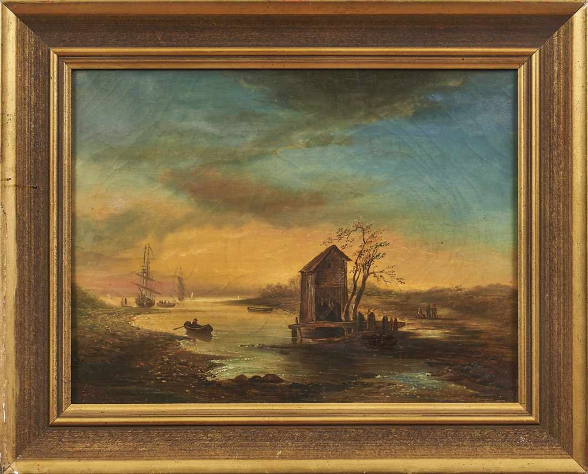 Geoffroy, Jean-Baptiste Uferlandschaft mit Booten, Schiffen und Personen im Abendlicht (