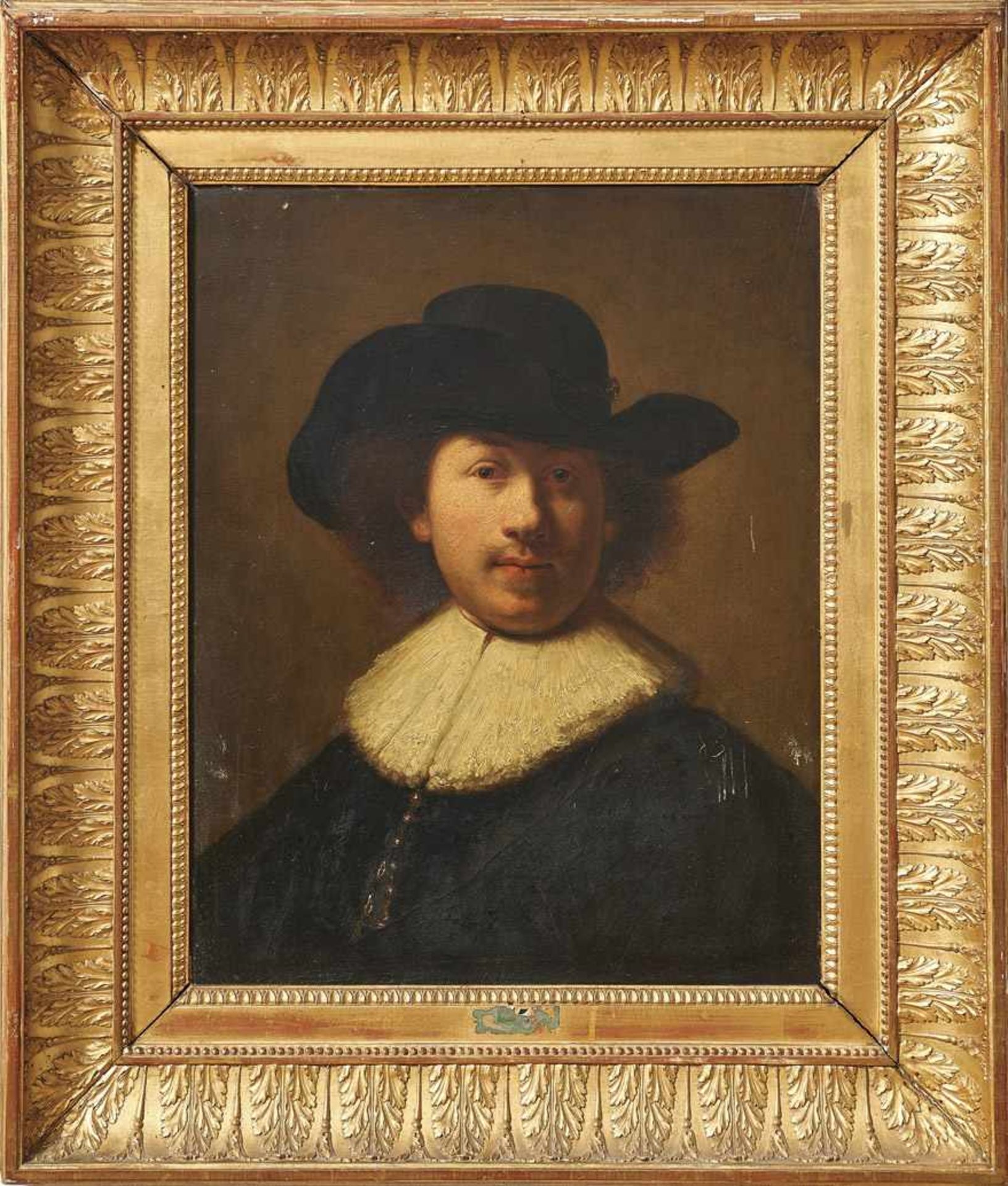 Rembrandtportrait 19. Jh. Modifizierte Darstellung nach dem Selbstportrait mit Hut von 1632. Öl/