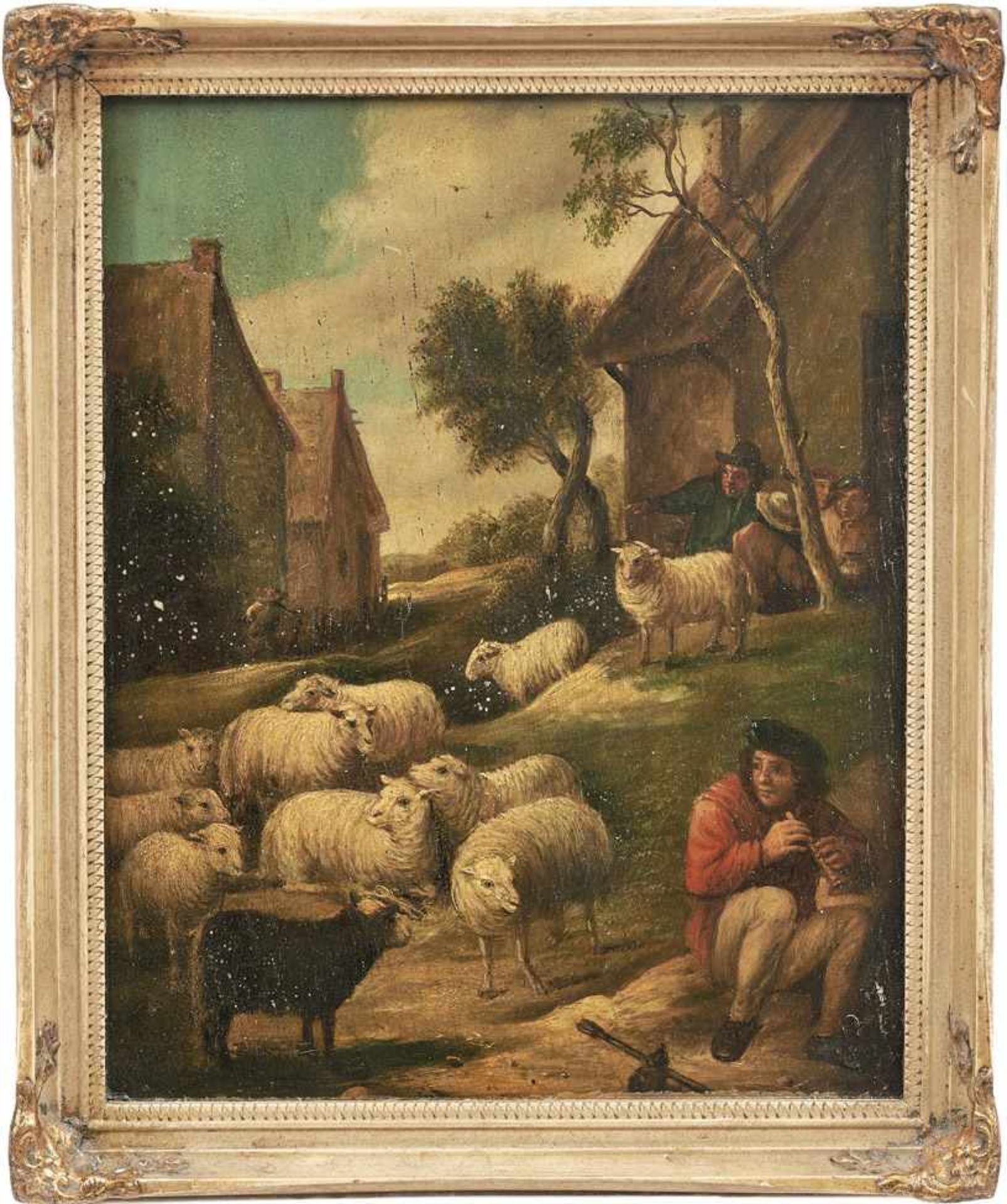 Teniers, David - Nachfolger Flöte spielender Hirte mit seinen Schafen am Dorfrand Öl/Holz. 28 x 21