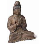 Sitzende Guanyin China, Qing-Dynastie Die Hände in Gebetshaltung (Namaste od. Anjali mudra). Holz
