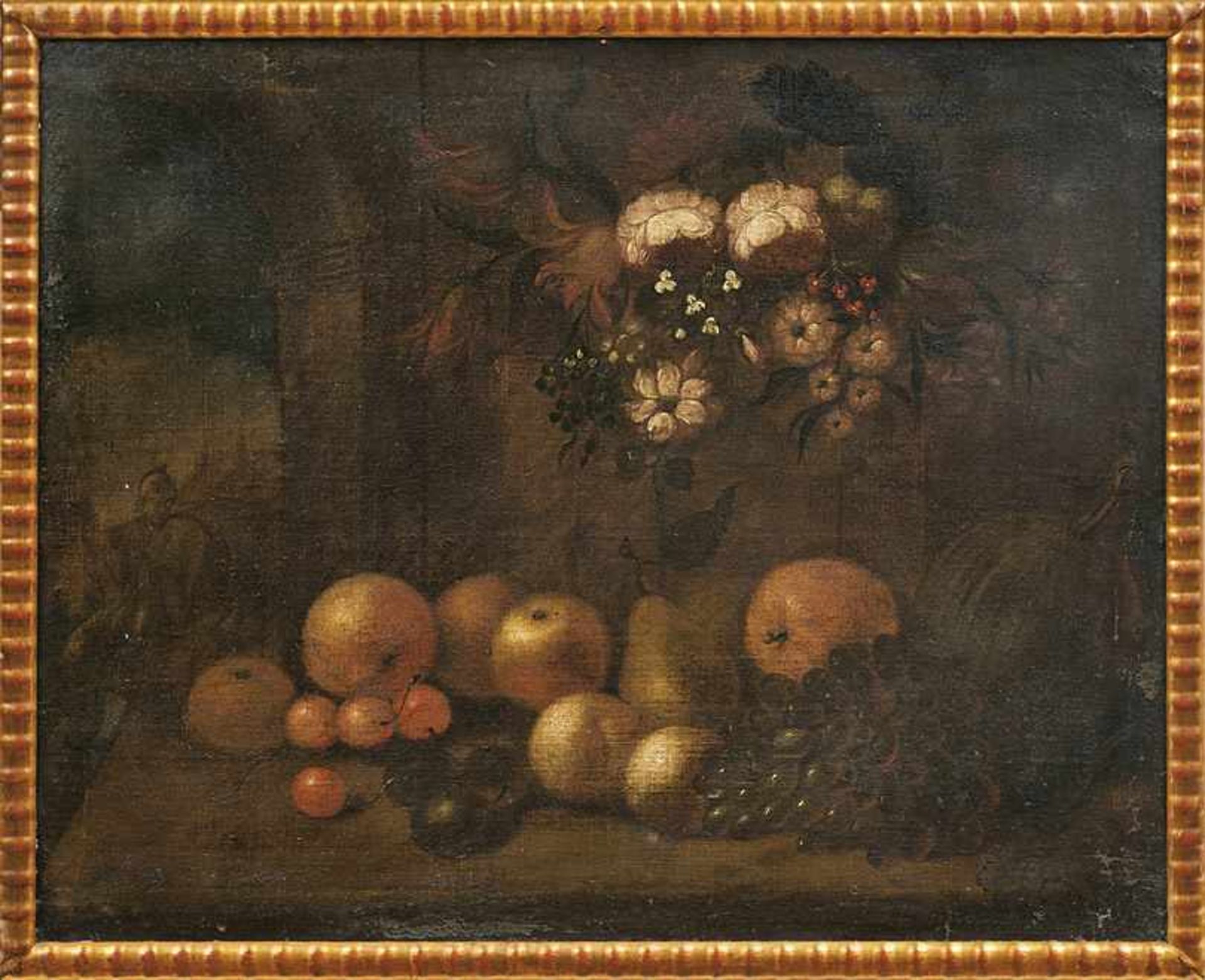 Stilllebenmaler der Niederlande, 18. Jahrhunderts Früchte und Blumen auf einer Steinkonsole mit