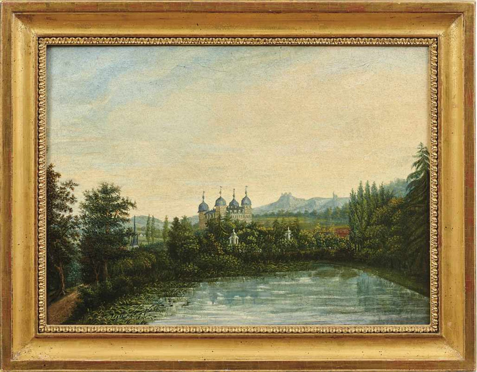 Deutscher Landschaftsmaler des 19. Jahrhunderts Blick auf Schloss Seehof vom Fischteich aus
