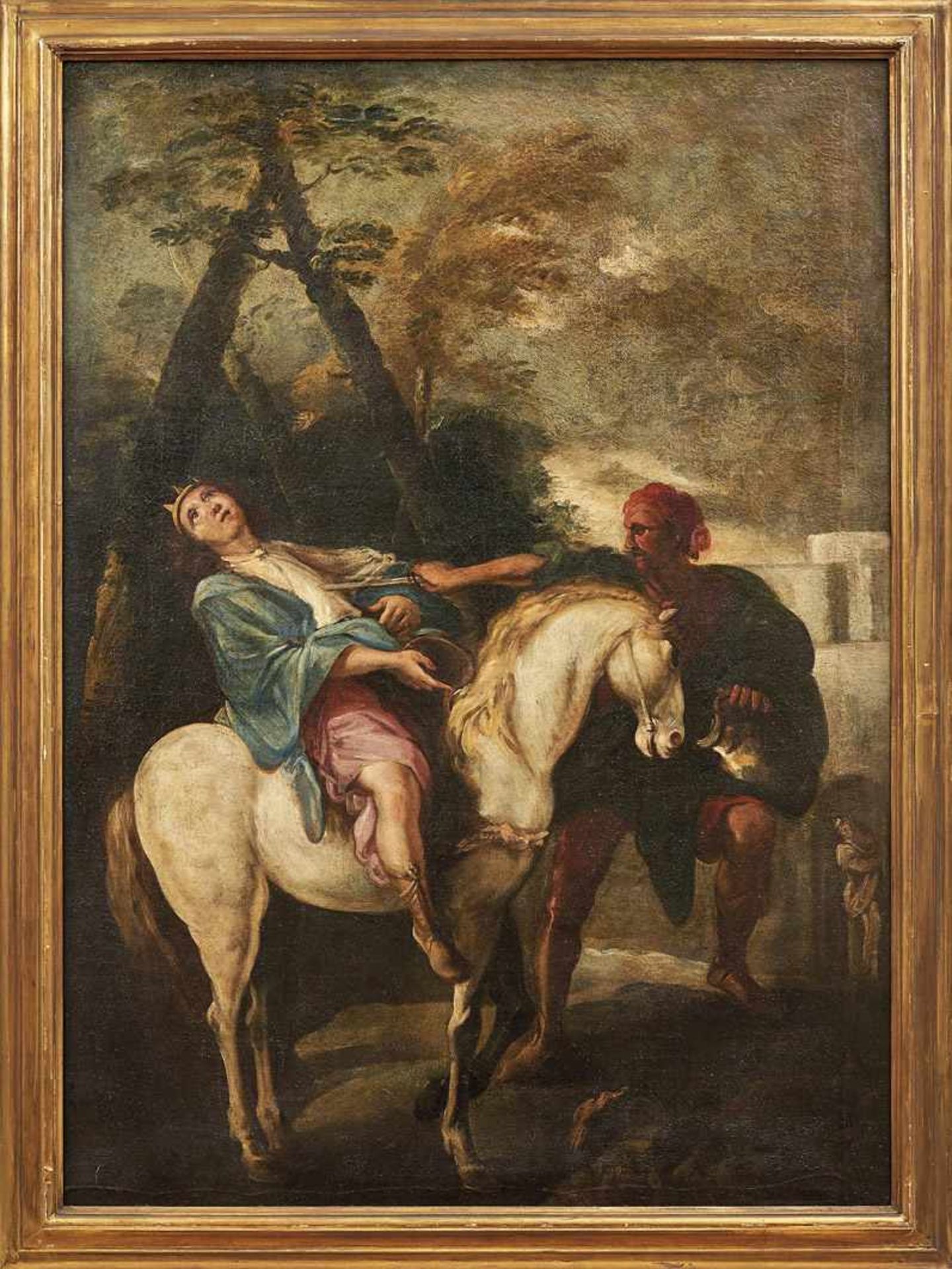 Venezianische Schule des 18. Jh. Erdolchung einer vornehmen Reiterin Öl/Lwd. 131 x 95 cm.