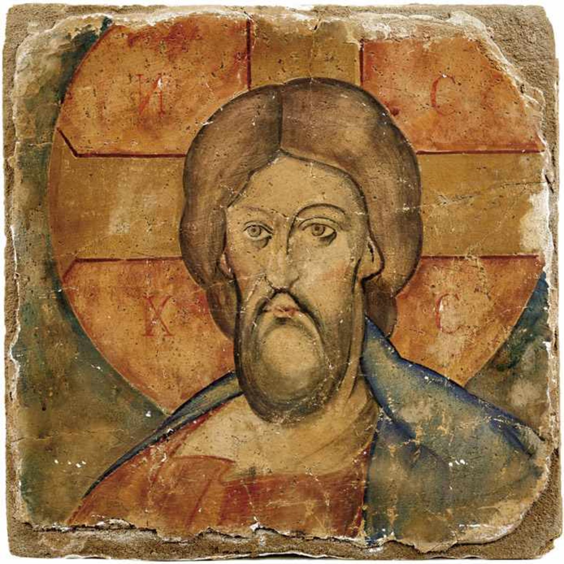 Christusbildnis Im byzantinischen Stil Fresko, auf Styroporgrund übertragen. 49,5 x 49,5 cm. -