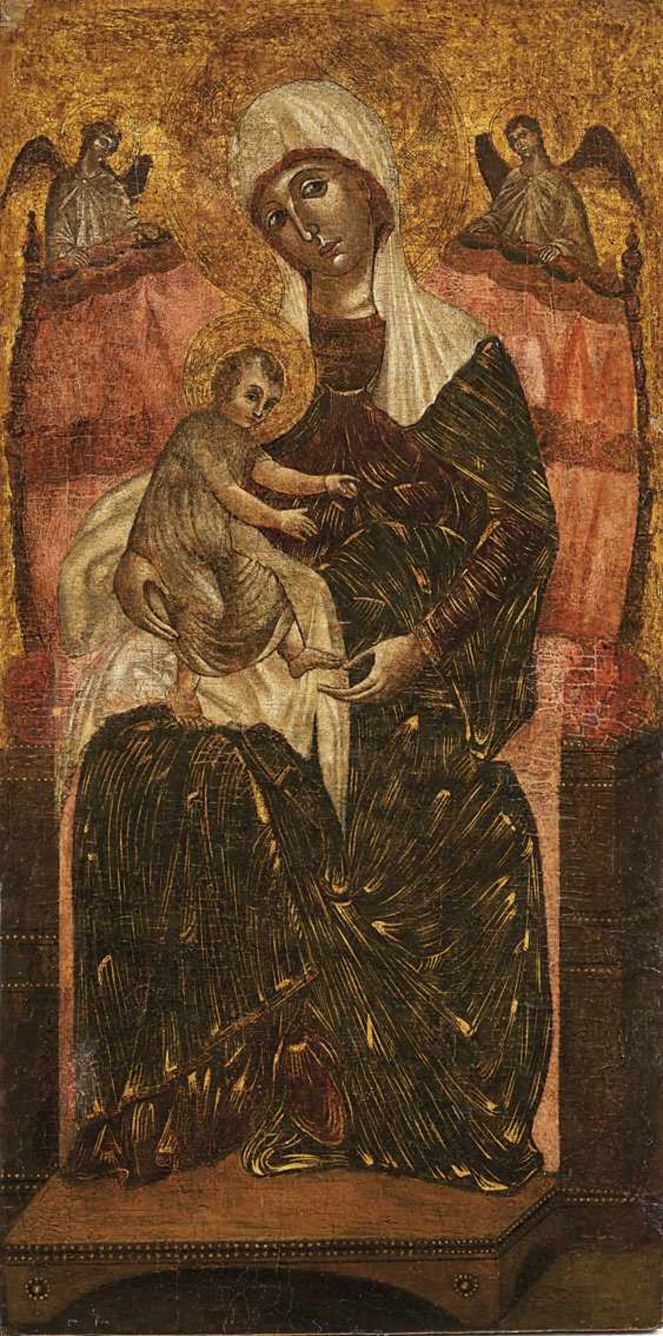 Venezianische Schule, wohl 14. Jh. Thronende Madonna mit Kind und zwei Engeln Tempera und Gold/Holz.