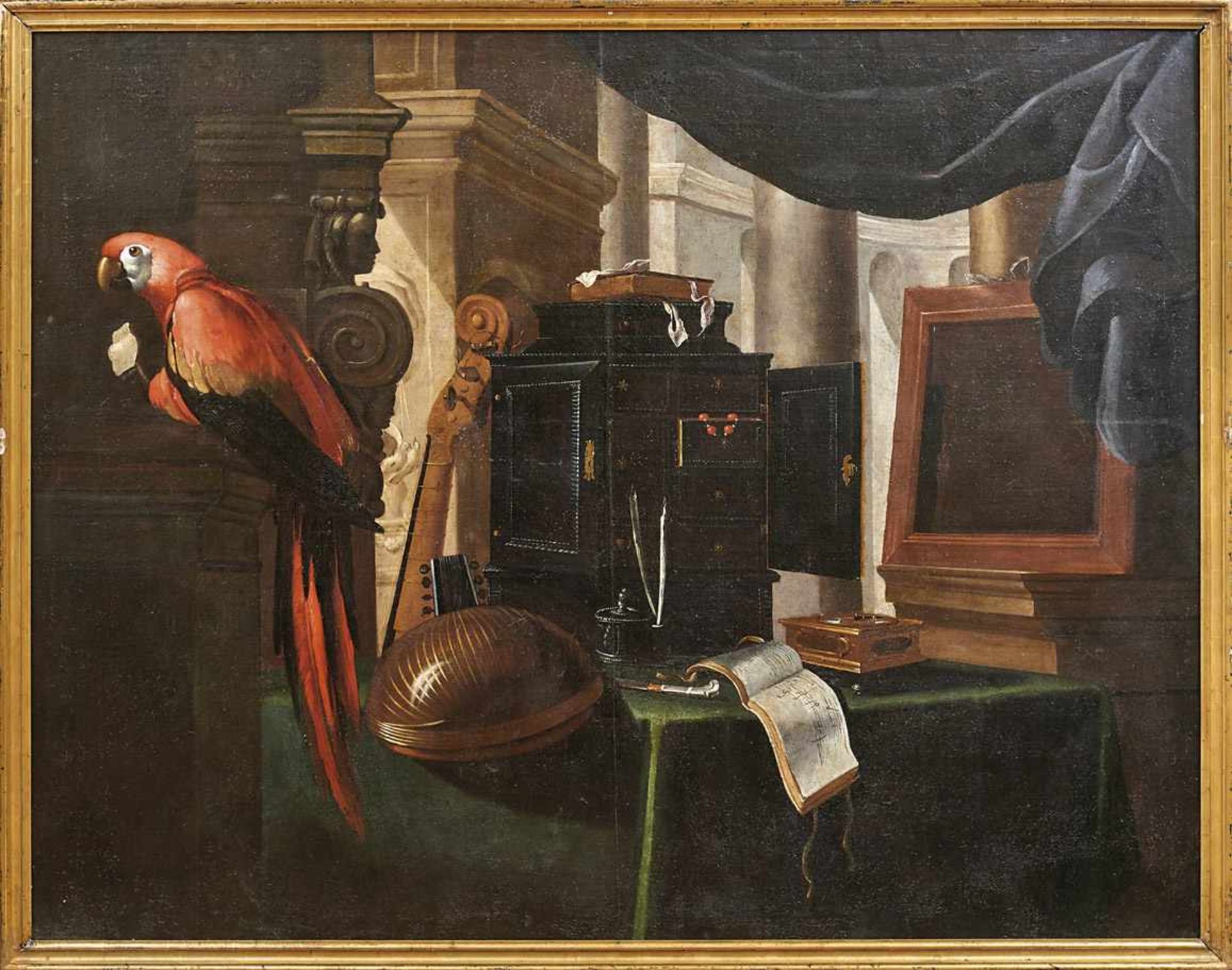 Prunkvolles Interieur eines Musikliebhabers mit Kabinettkästchen, Instrumenten und Papagei 17. Jh.