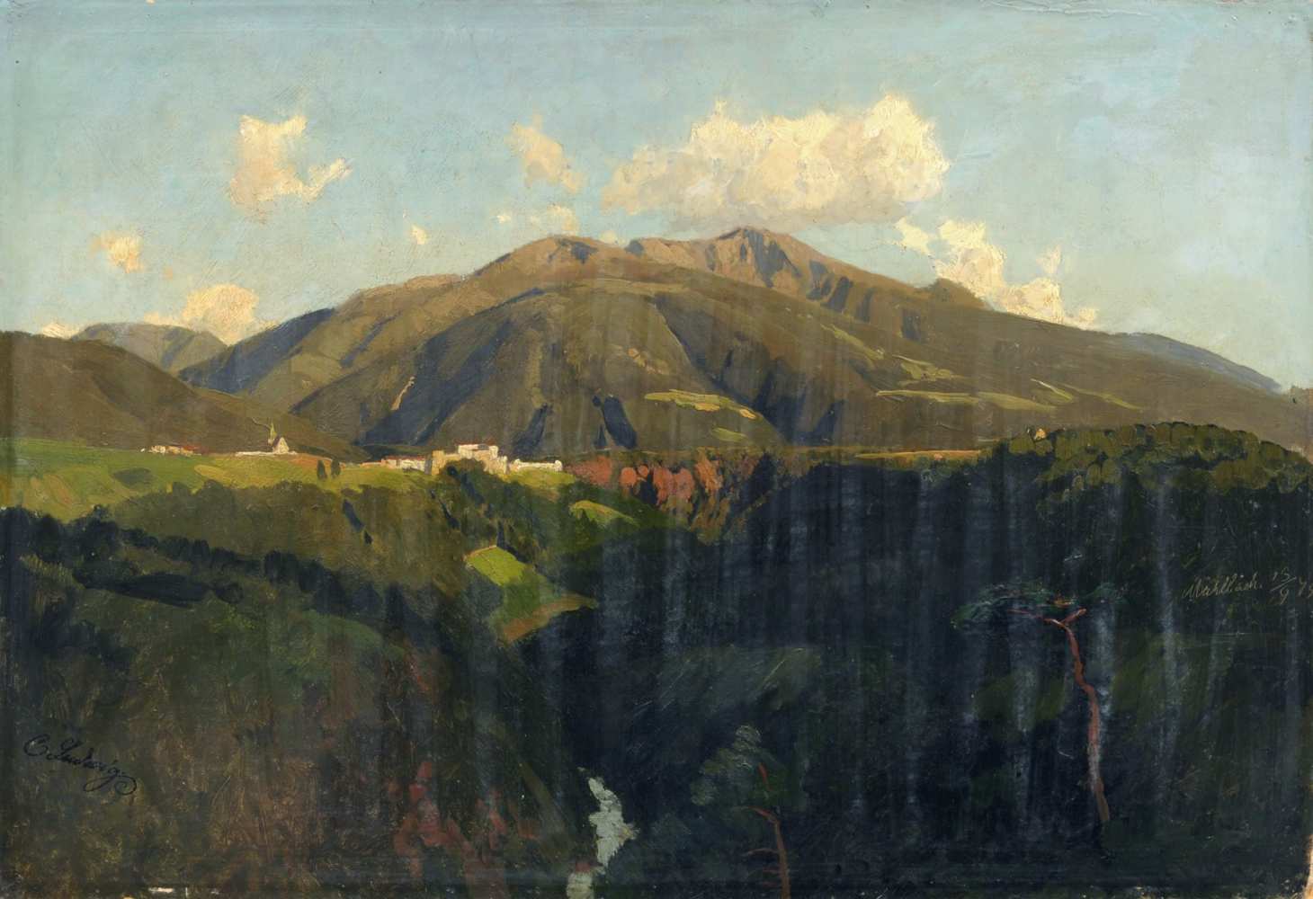 Carl Julius Emil Ludwig "Mühlbach" (Tirol). 1879. Öl auf dünner Malpappe, auf Leinwand und