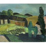 Peter Herrmann, Landschaft mit Pferd. Um 1975. Öl auf textilem Bildträger. Unsigniert. In breiter,