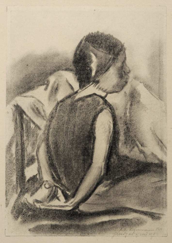 Anna Elisabeth Angermann, Sitzendes Mädchen, die Arme auf dem Rücken verschränkt. 1919.
