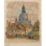 Fritz Beckert, Dresden - Malerwinkel mit Blick auf die Frauenkirche. 1955. Aquarell über Blei auf