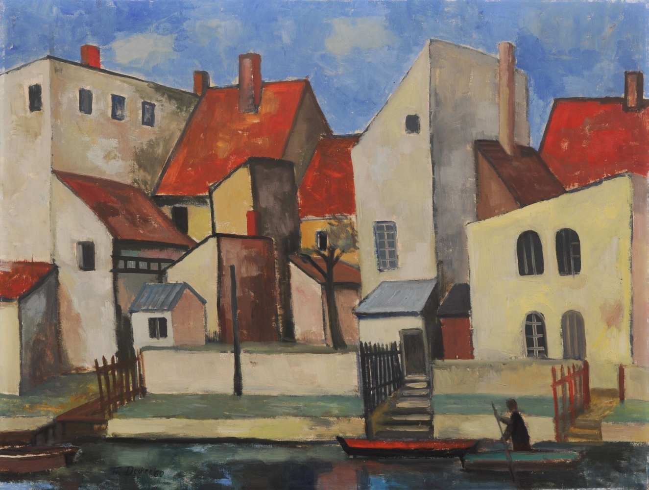 Friedrich Decker "Das Fischerdörfchen in Weissenfels". 1960. Öl auf Hartfaser. Signiert "Fr. Decker"