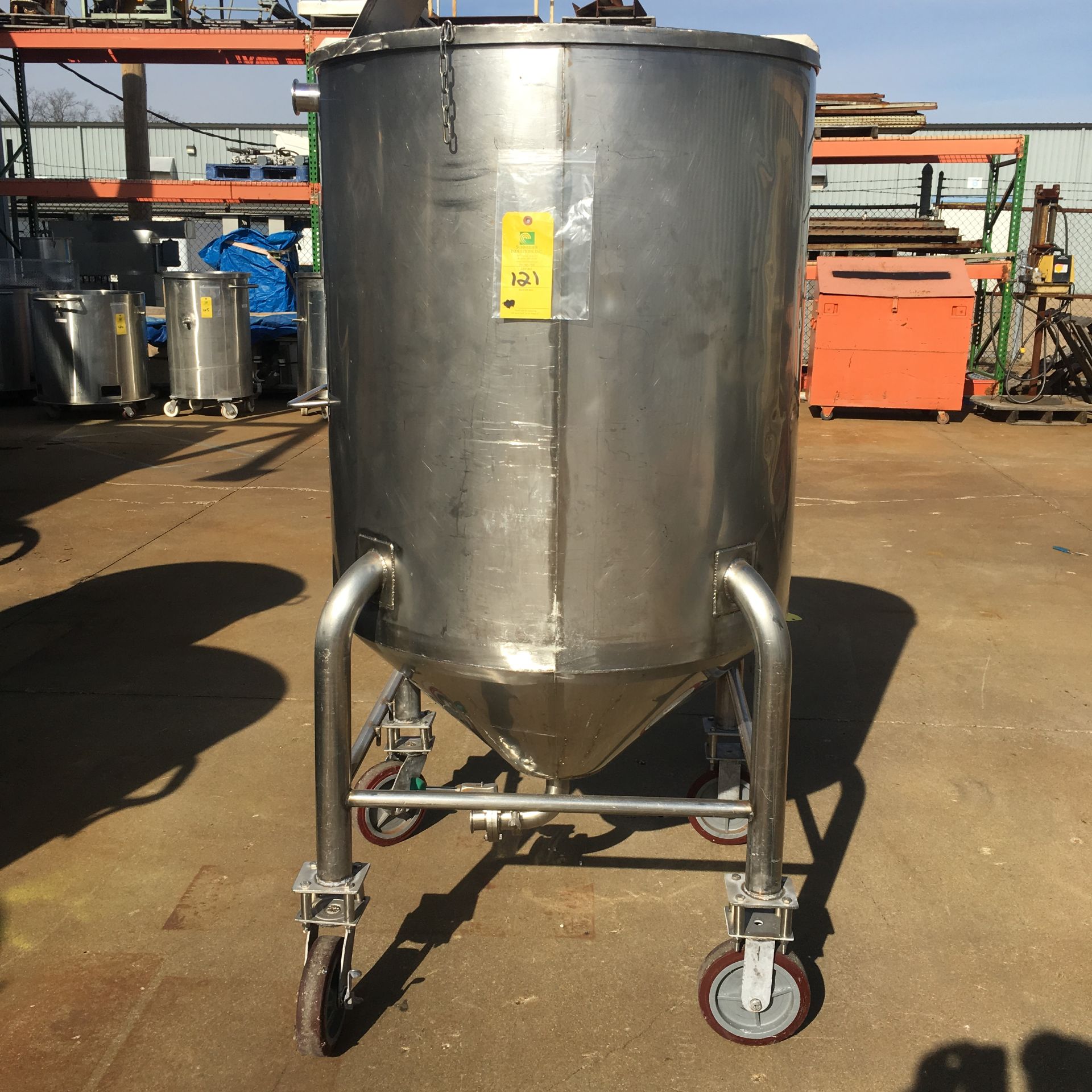 SS Tank On Casters, 36 in. Dia x 41 in. Deep, Cone Bottom, Center Discharge, 180 Gal. Approx.