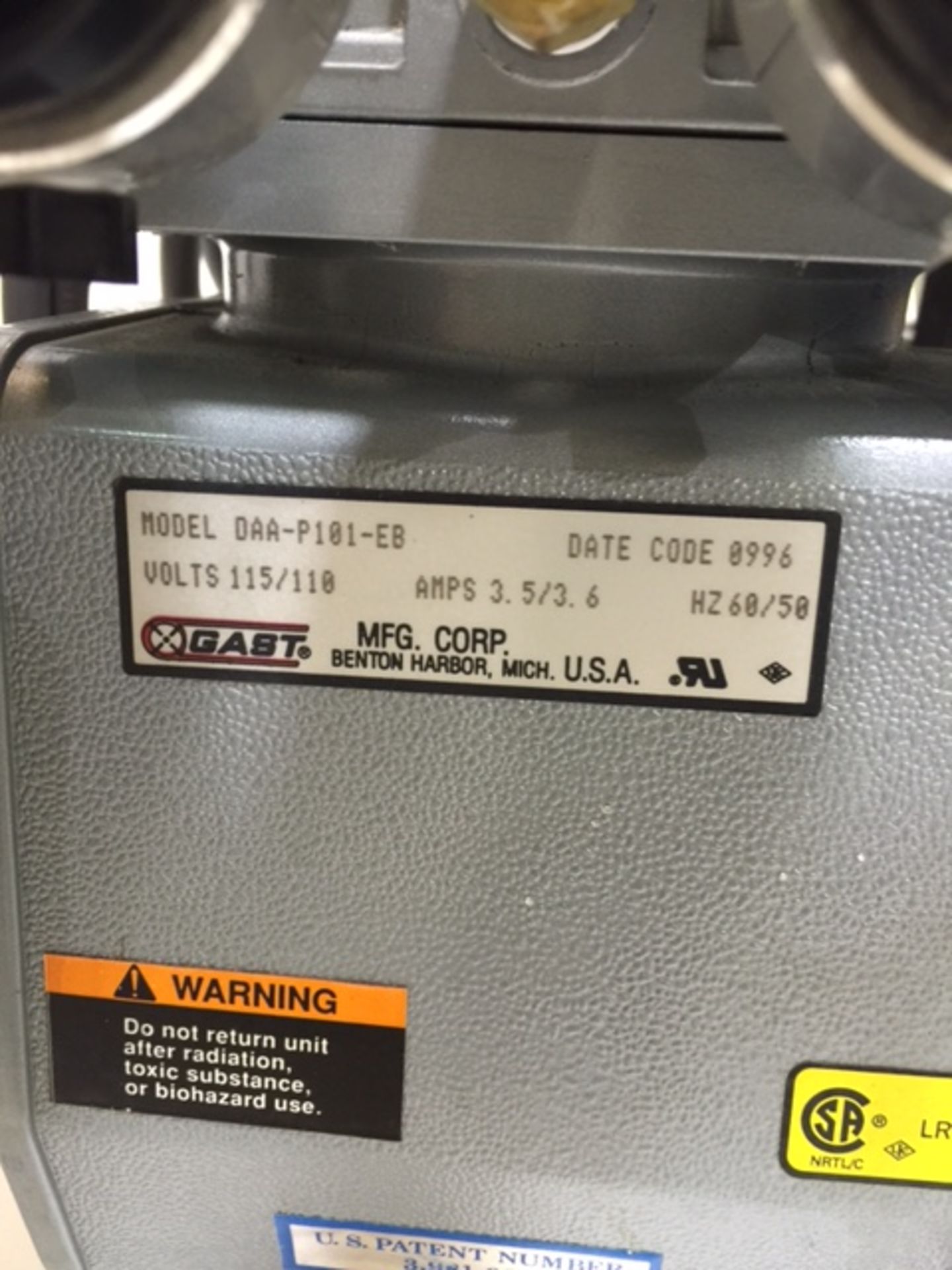 Vacuum Pump, Gast Mfg. Corp., Model #DAA-P101-EB - Image 3 of 5