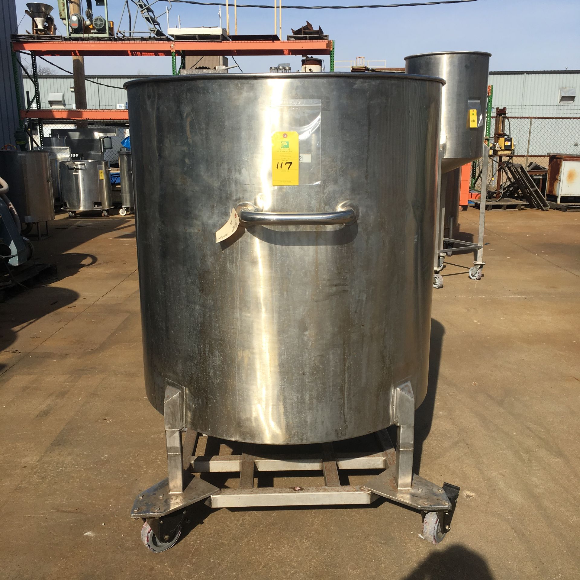 SS Tank On Casters, 47 in. Dia x 46 in. Deep Dish Bottom, Center Discharge, 345 Gal. Approx.,