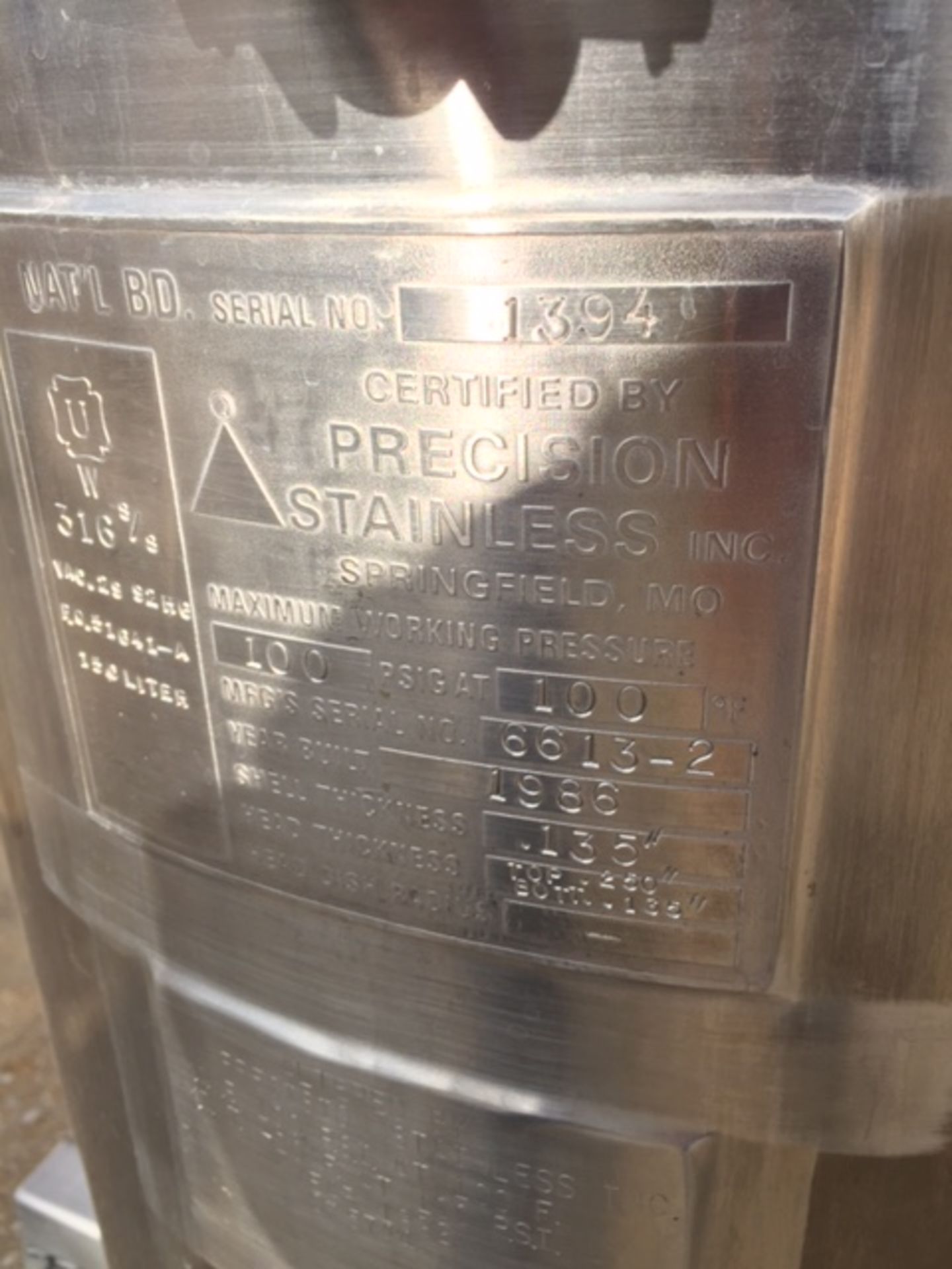 Pressure Tank, 150 Liter, 316 SS, 100 PSIG at 100 Deg. F, Certified by Precision Stainless Inc. - Image 3 of 6