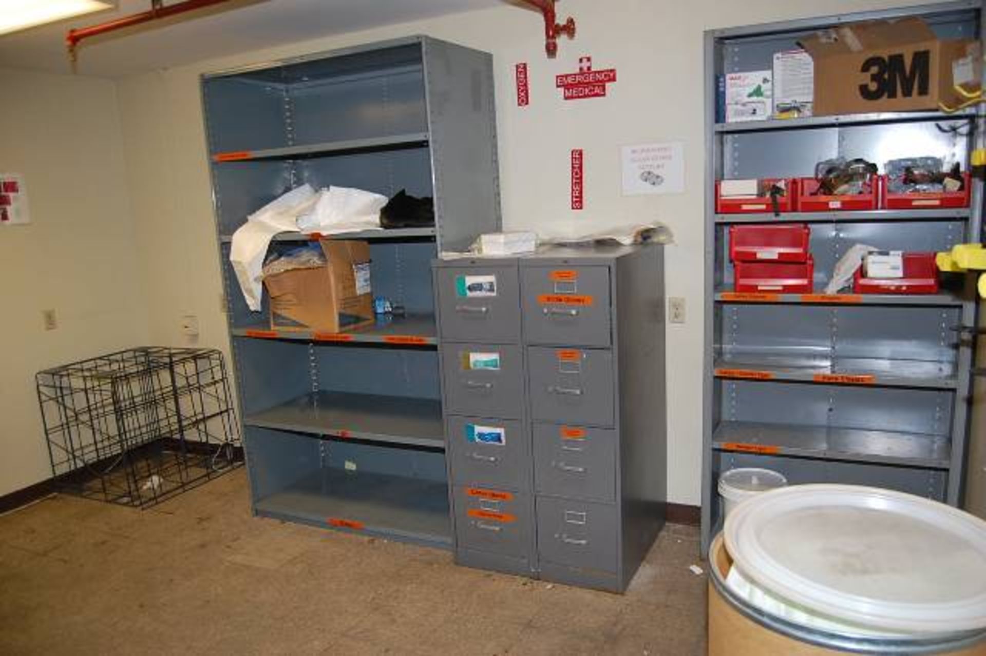 Office Contents - (3) 4-Drawer Files, (2) Shelf Units, (1) Sales Desk, (1) 2-Door Cabinet