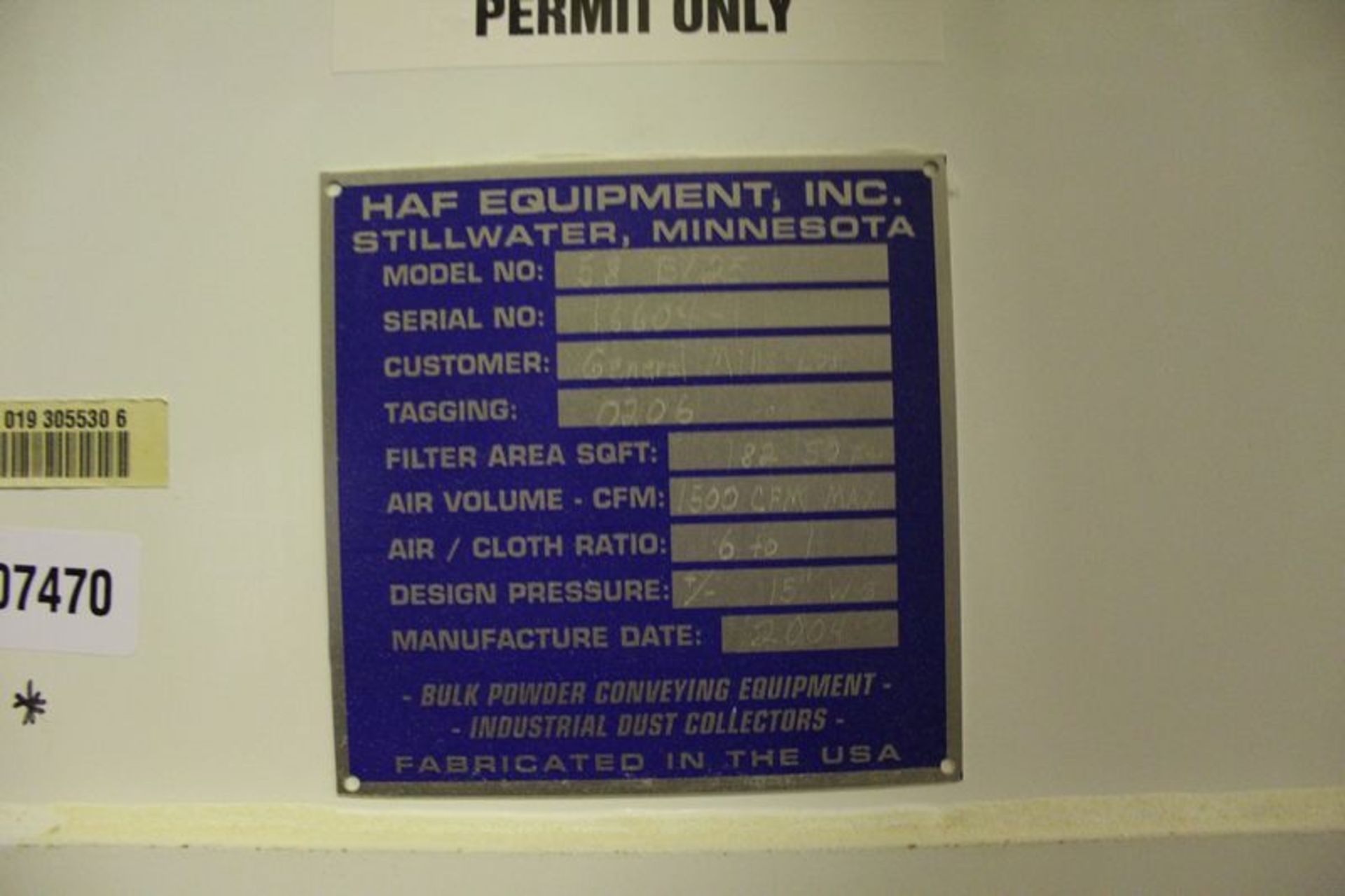 HAF Equipment Dust Collector, M# 58 BV25 | (CP1 Fifth Floor) - Image 2 of 2