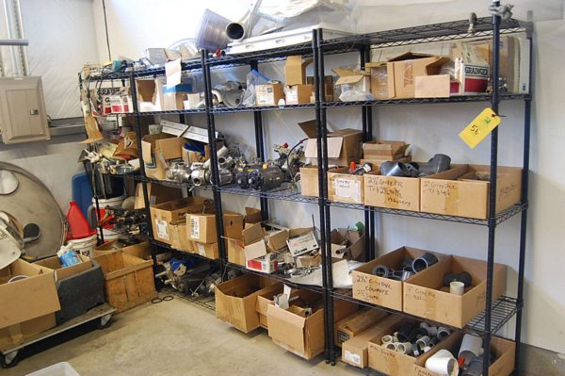 Stores Area - 4-Shelf Units w/Contents, SS Valves, SS Clamps, Fasteners, Actuators, Assorted. ***