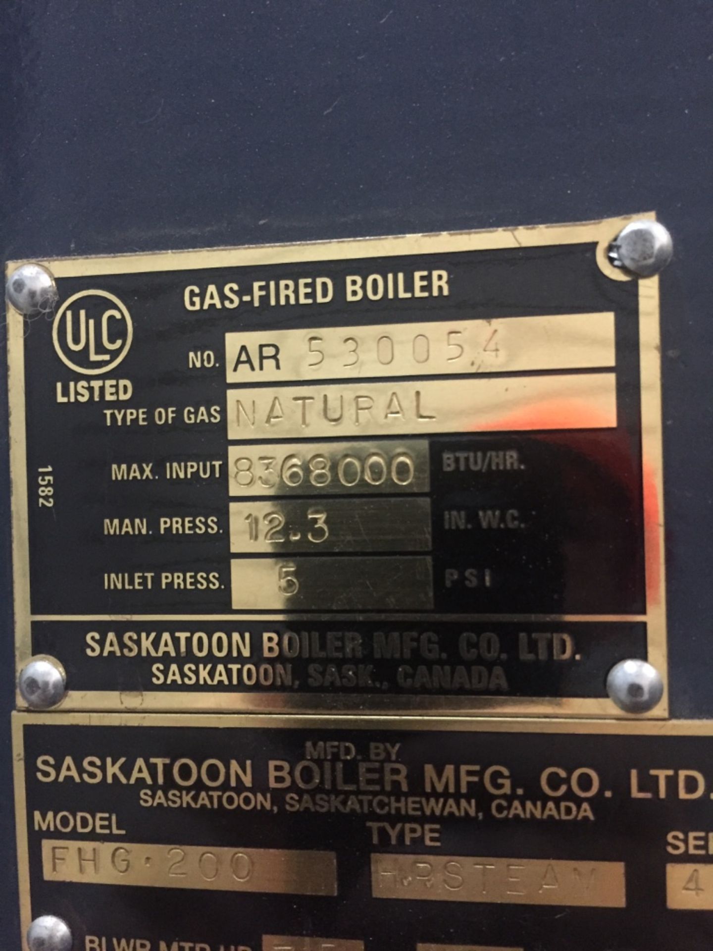 Saskatoon Boiler with Feed Water Tank and Boiler Chemical System Natural Gas Model FHG 200 S/N - Image 4 of 9