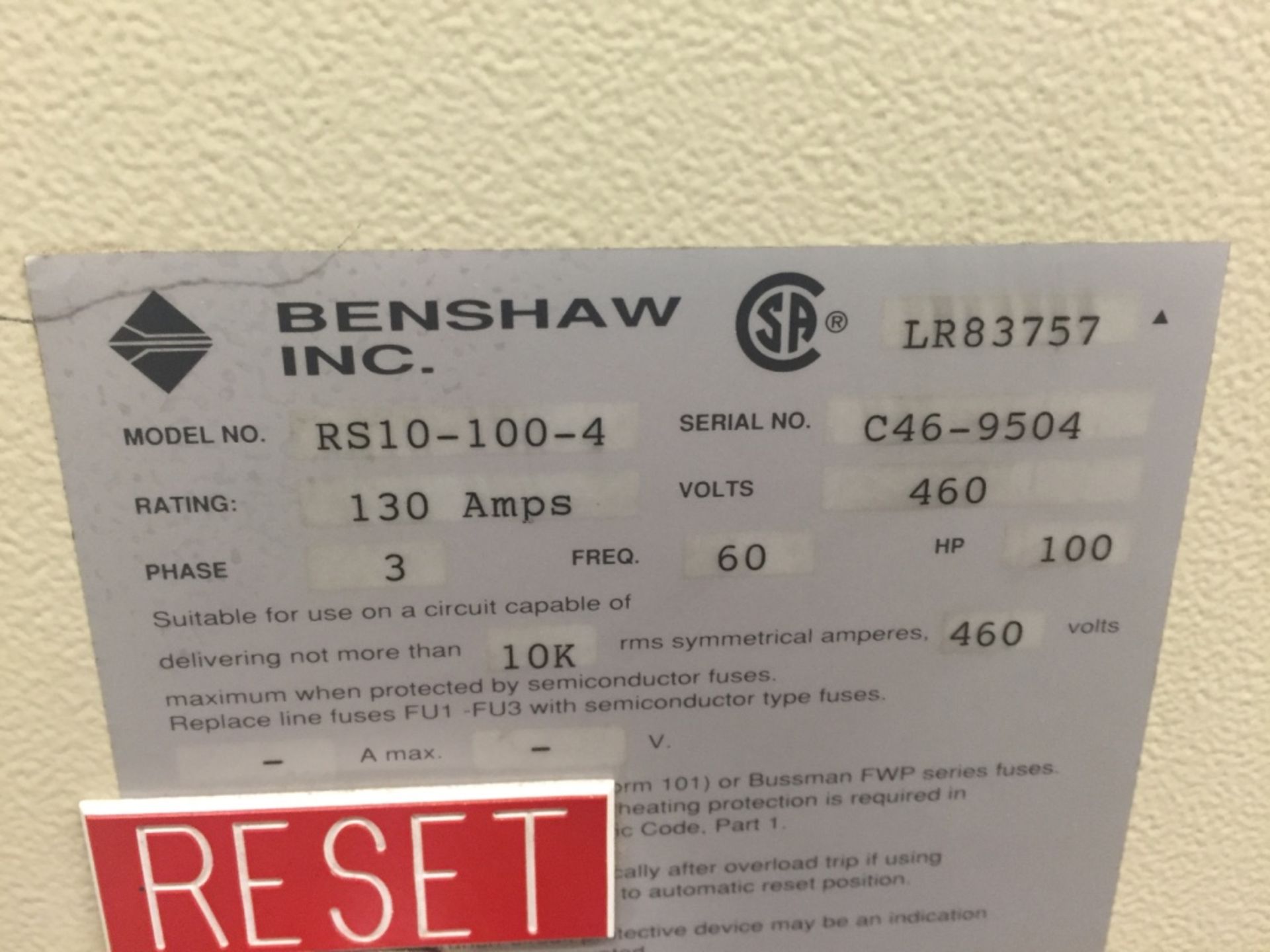 Benshaw Motor Control Model RS10-100-4 S/N C46-9504 - Image 2 of 2