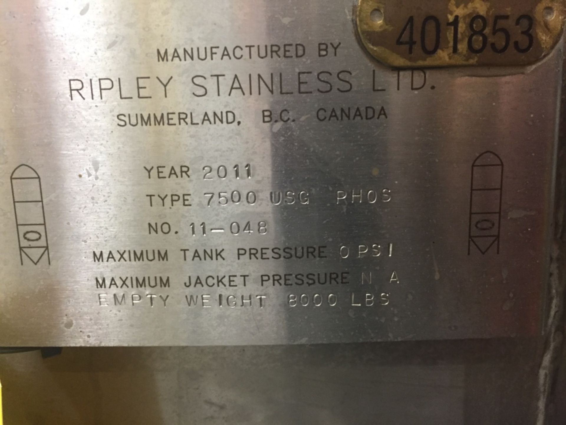 Ripley Stainless 7500 Gallon Single Wall Slant Bottom Side Discharge Bulk Storage Tank S/N 11-048 - Image 5 of 6