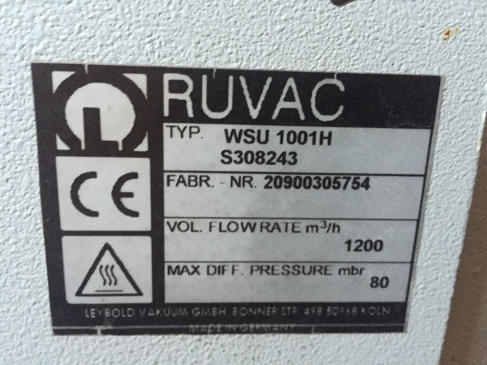 (Located In Madison WI) Ruvac Vacuum Pump Type WSU 1001H S308243 S/N 20900305754 - Image 2 of 2