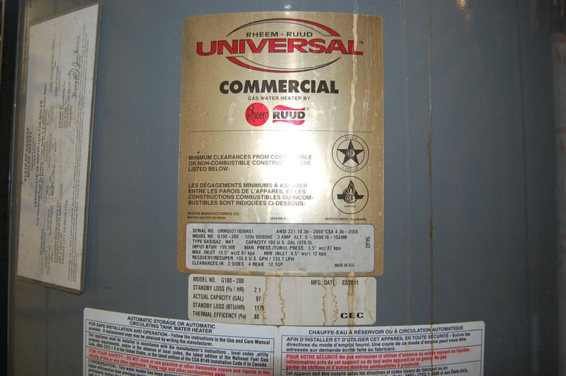 (2) Rheem Rudd Universal Commercial Gas Hot Water Heaters Model #G-100-200 LOADING FEE: $900 - Image 2 of 2