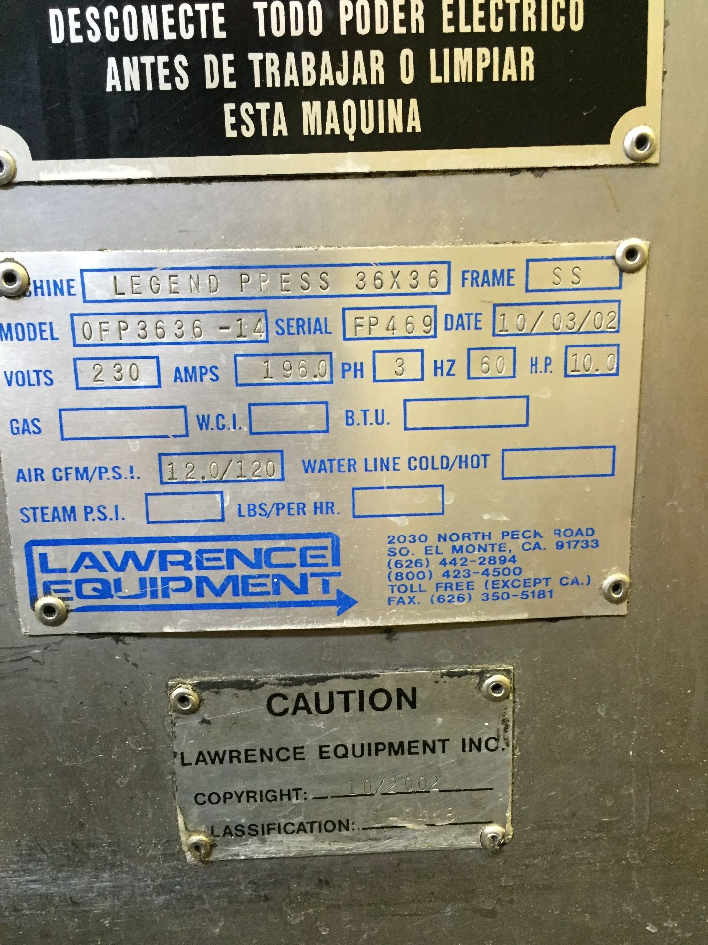 Lawrence Equipment Legend Press 36 x 36 Model #OFP3636-14, Serial #FP469, Located in: St. Mary's, PA - Image 2 of 5