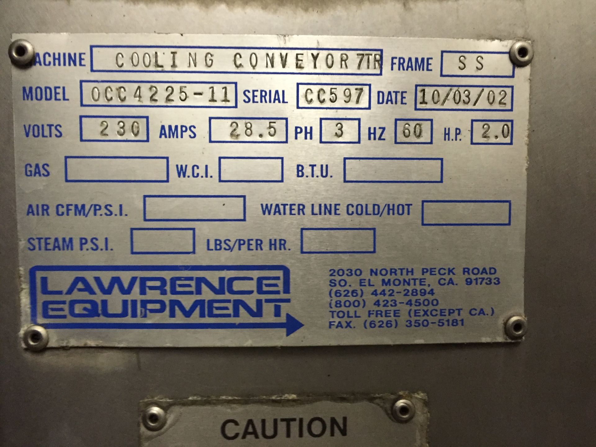 Lawrence Equipment Cooling Conveyor Model #OCC4225-11, Located in: St. Mary's, PA - Image 2 of 2