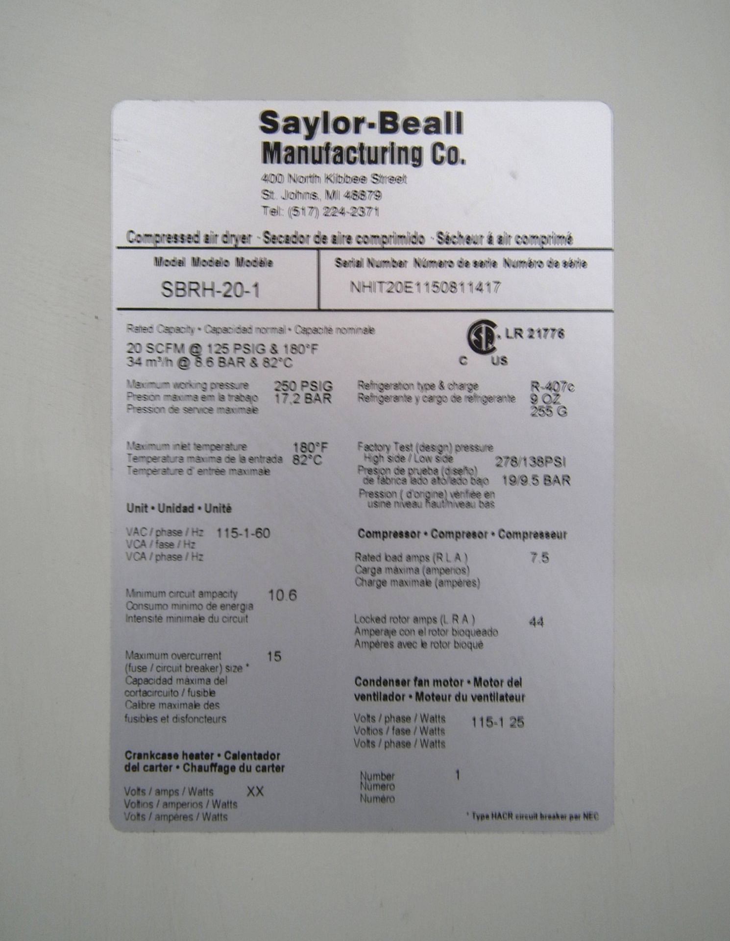 Saylor Beall SBRH-20-1 Compressed Air Dryer (Rigging Fee - $70) - Image 6 of 8