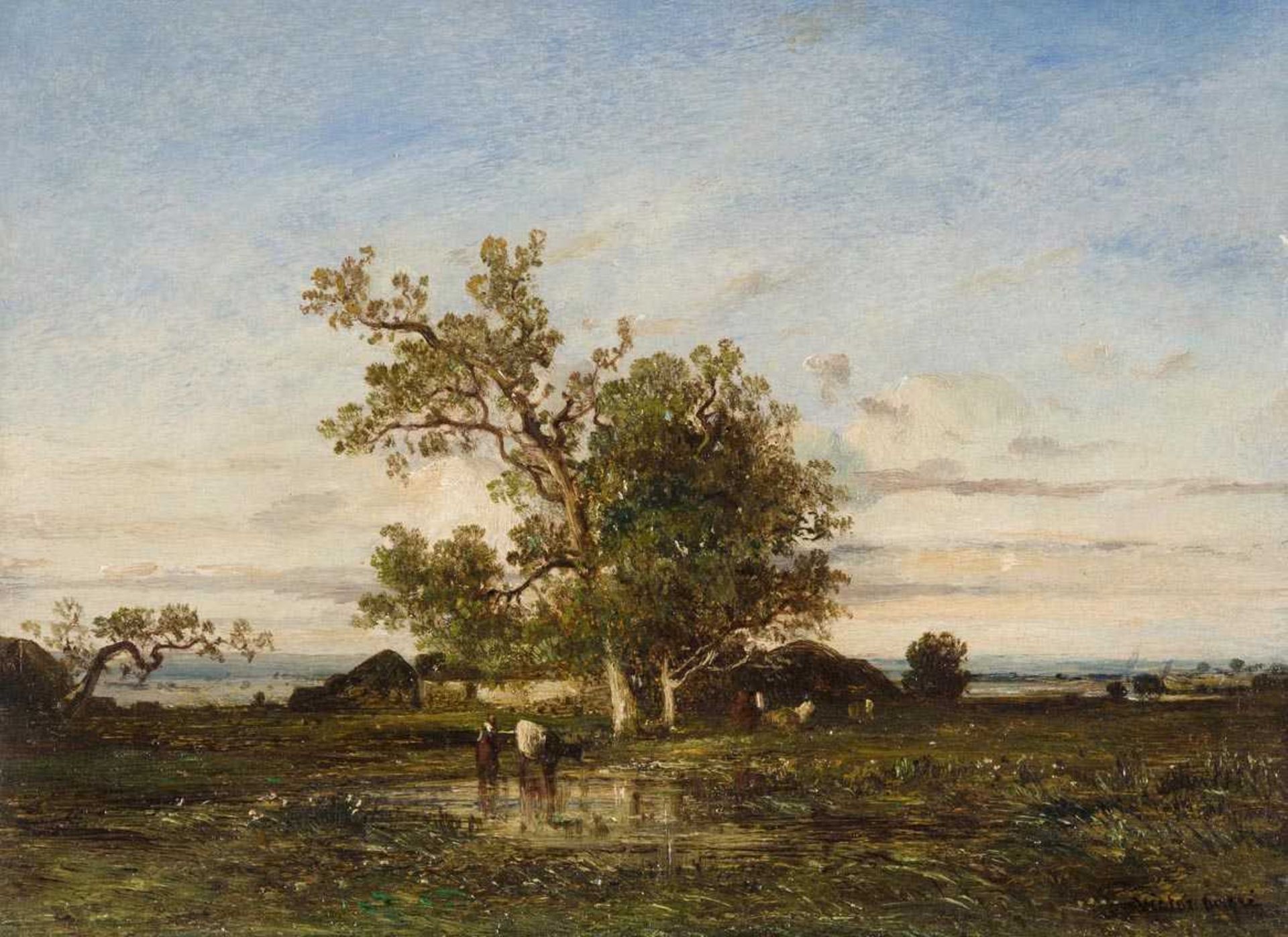 Dupré, Léon Victor (Limoges 18161879 Paris) Landschaft mit Kühen an der Tränke. Öl auf Holz.