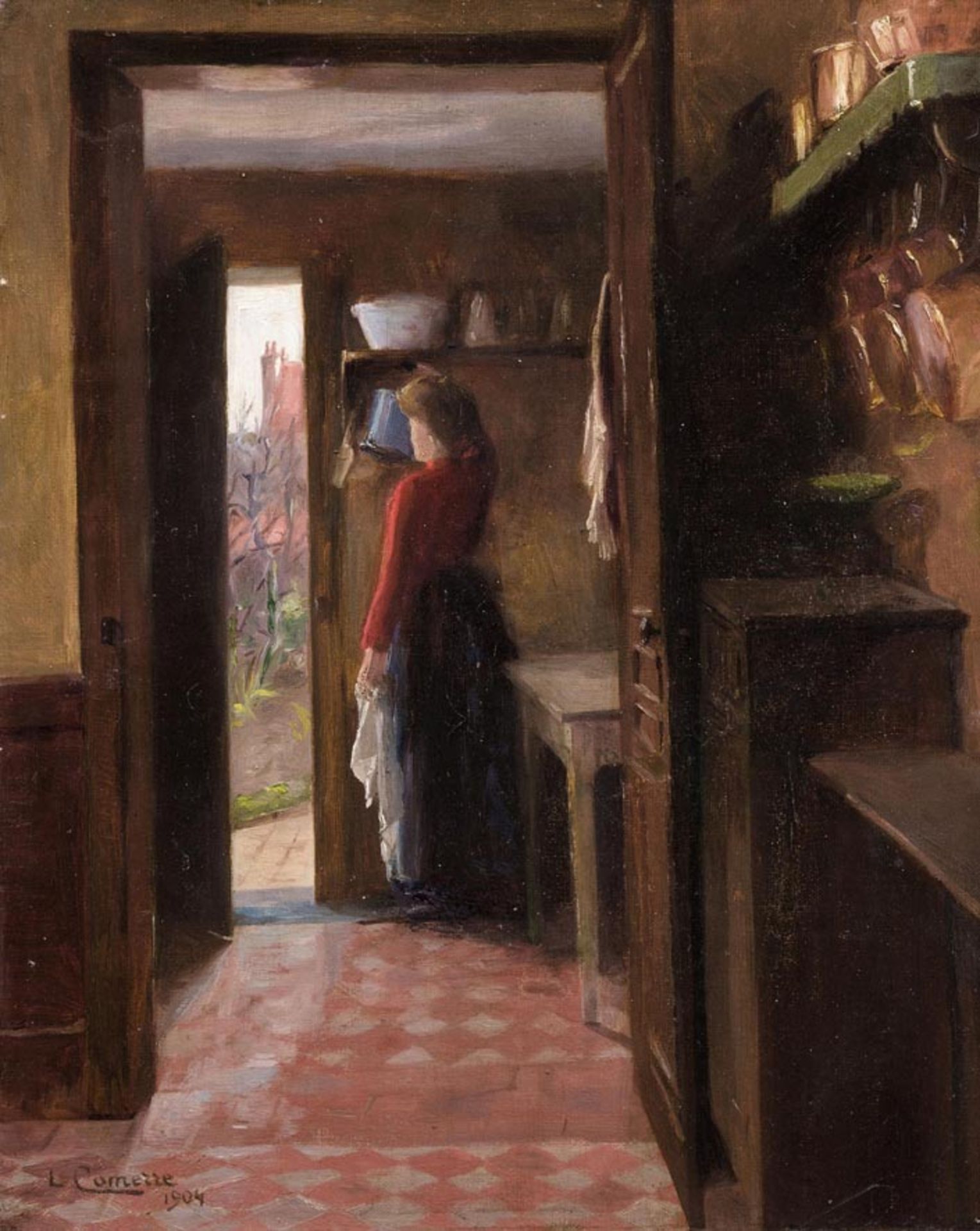Comerre, Léon-François (Trélon 18501916 Le Vésinet) Frau in der Küche mit offener Tür zum Garten.