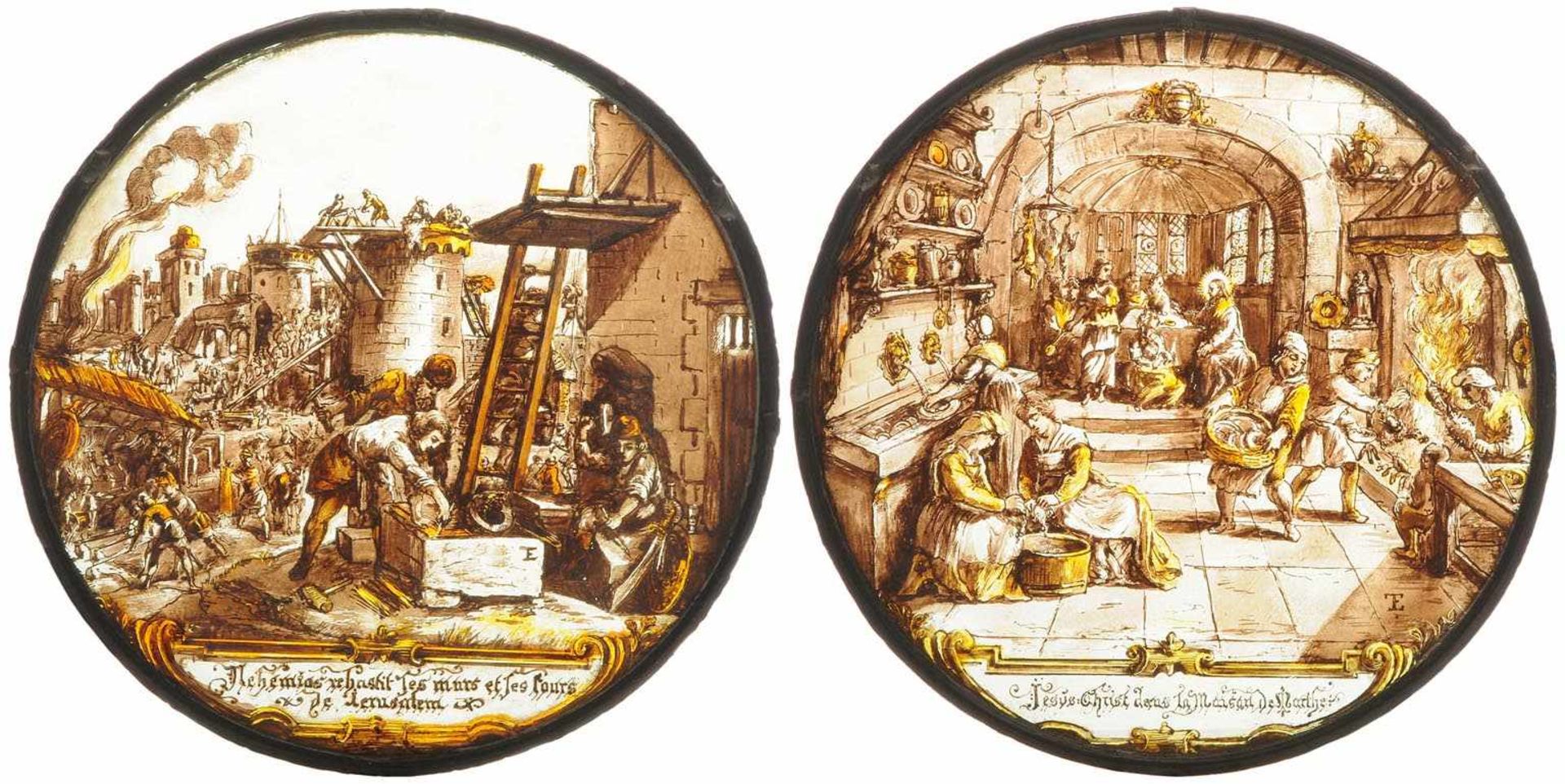 1 Paar Glasgemälde Frankreich, 19.Jh., in der Art des 17.Jhs. Rundscheiben. Glas geätzt, bemalt in