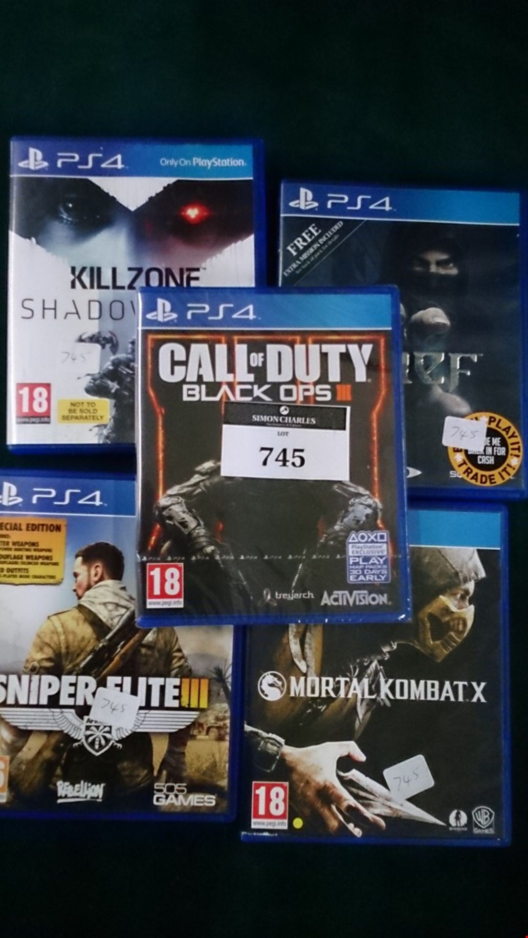 5 BOXED PS4 GAMES. COD BLACK OPS III (SEALED), THIEF, MORTAL COMBAT X, SNIPER ELITE III, KILLZO...