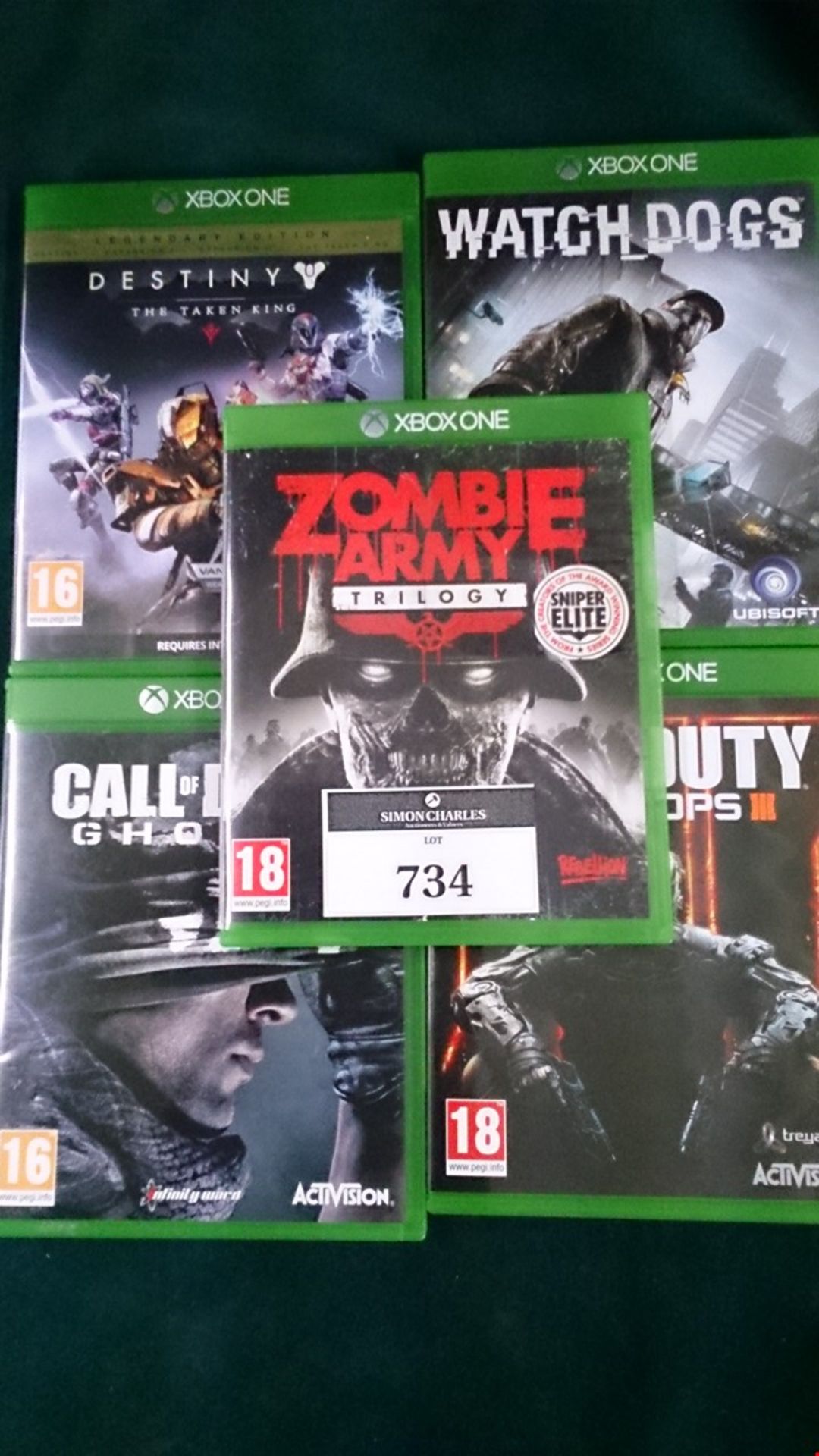 5 BOXED X-BOX ONE GAMES. DESTINY THE TAKEN KING, WATCHDOGS, ZOMBIE ARMY, CODGHOSTS AND COD BLAC...