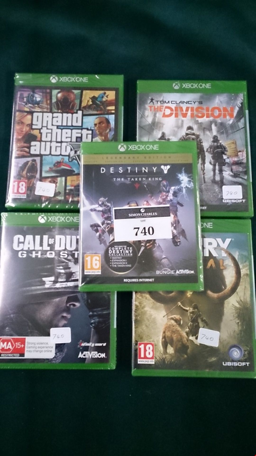 5 BOXED AND SEALED X-BOX ONE GAMES. DESTINY THE TAKEN KING, THE DIVISION, FARCRY PRIMAL, GTA 5...