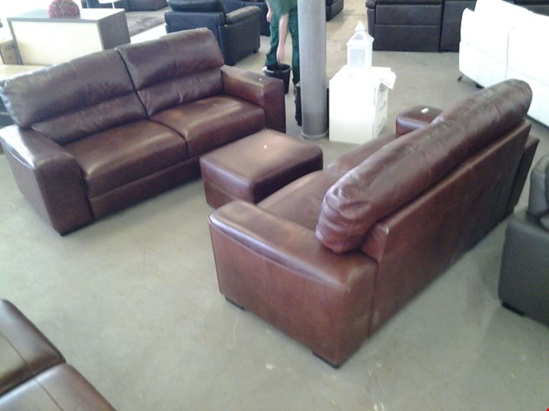 DESIGNER GUTTUSO BROWN ITALIAN LEATHER 3 SEATER SOFA, 2 SEATER SOFA AND STORAGE FOOTSTOOL