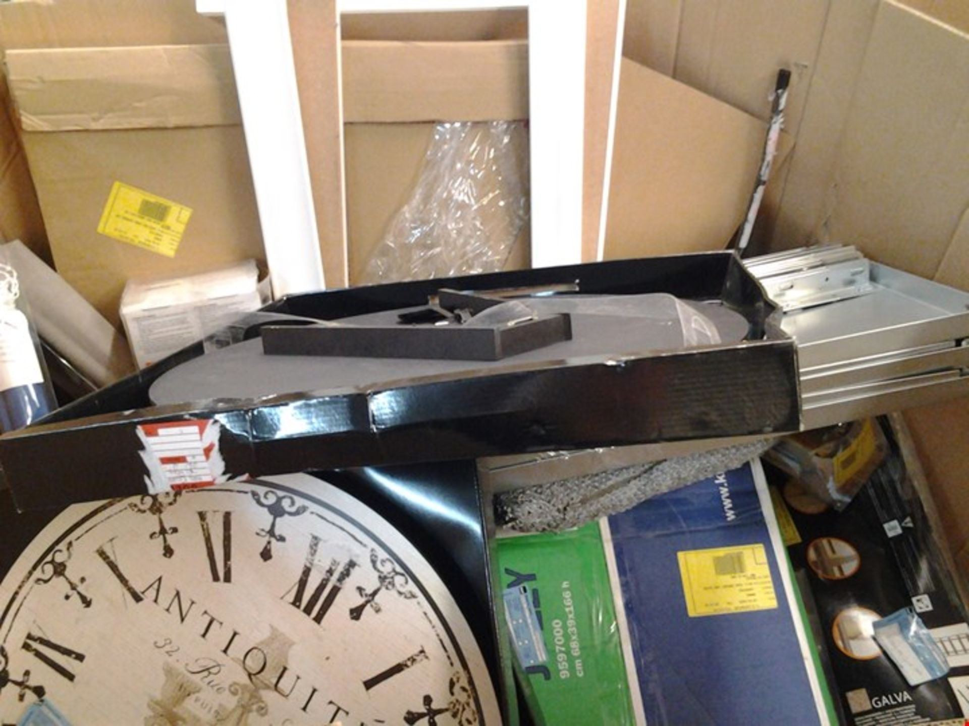 PALLET OF ASSORTED ITEMS TO INCLUDE LARGE CLOCK, SALLA LINED COTTON CURTAINS, GALVA SHELVES AND...