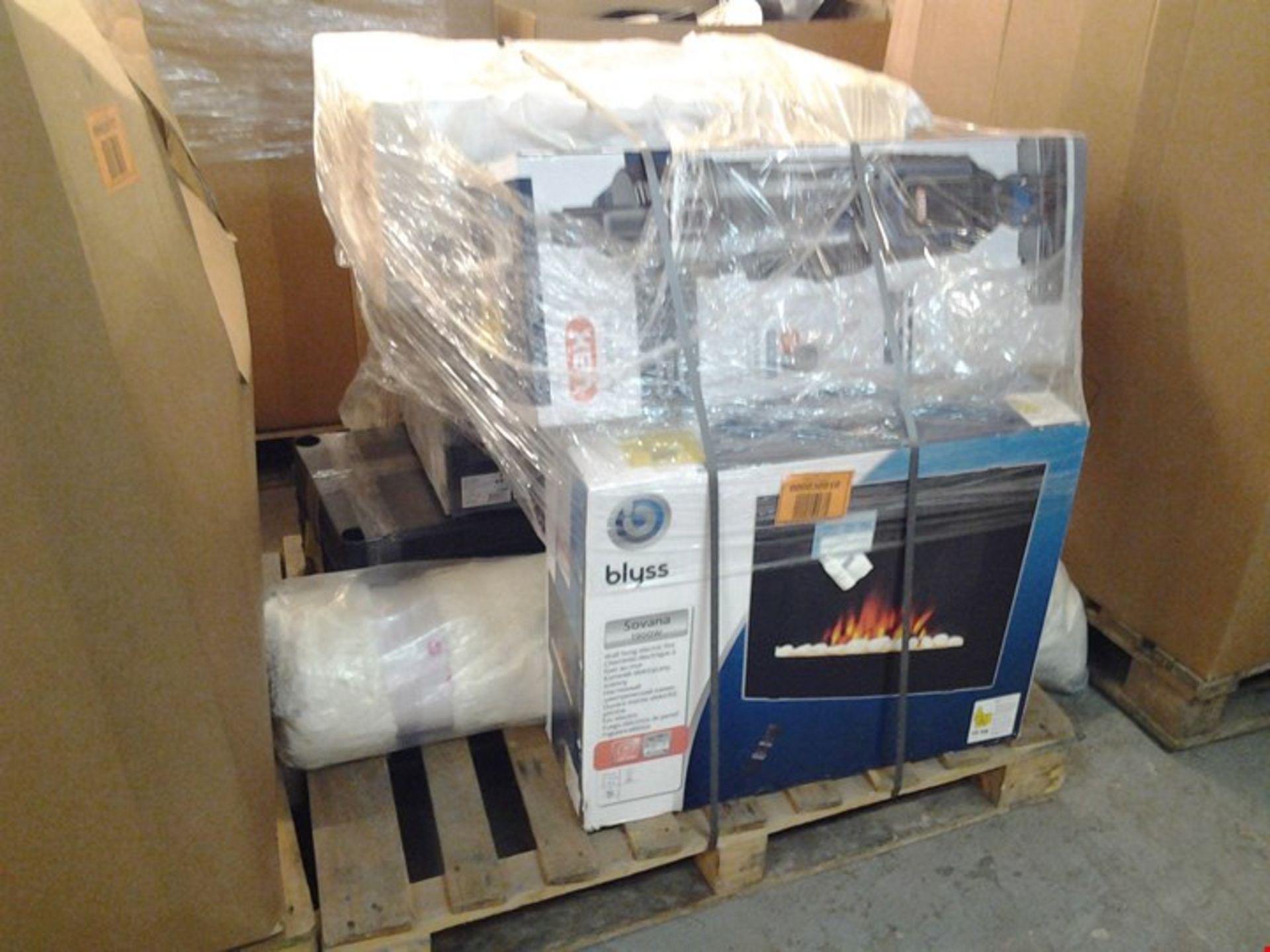 PALLET OF ASSORTED ITEMS TO INCLUDE BOXED BLYSS SOVANA WALL HUNG ELECTRIC FIRE, BOXED VAX AIR C...