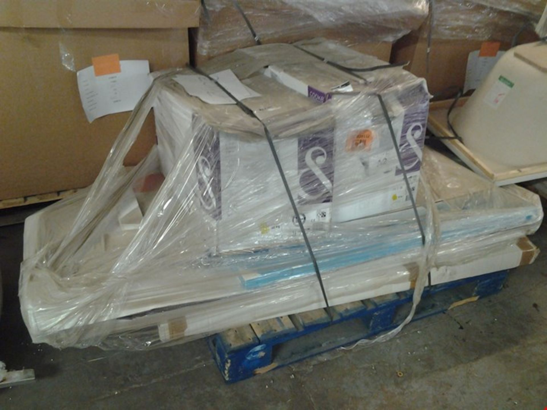 PALLET OF ASSORTED ITEMS TO INCLUDE BOXED COOKE & LEWIS SANTORO CLOSE COUPLED TOILET, SHOWER TR...