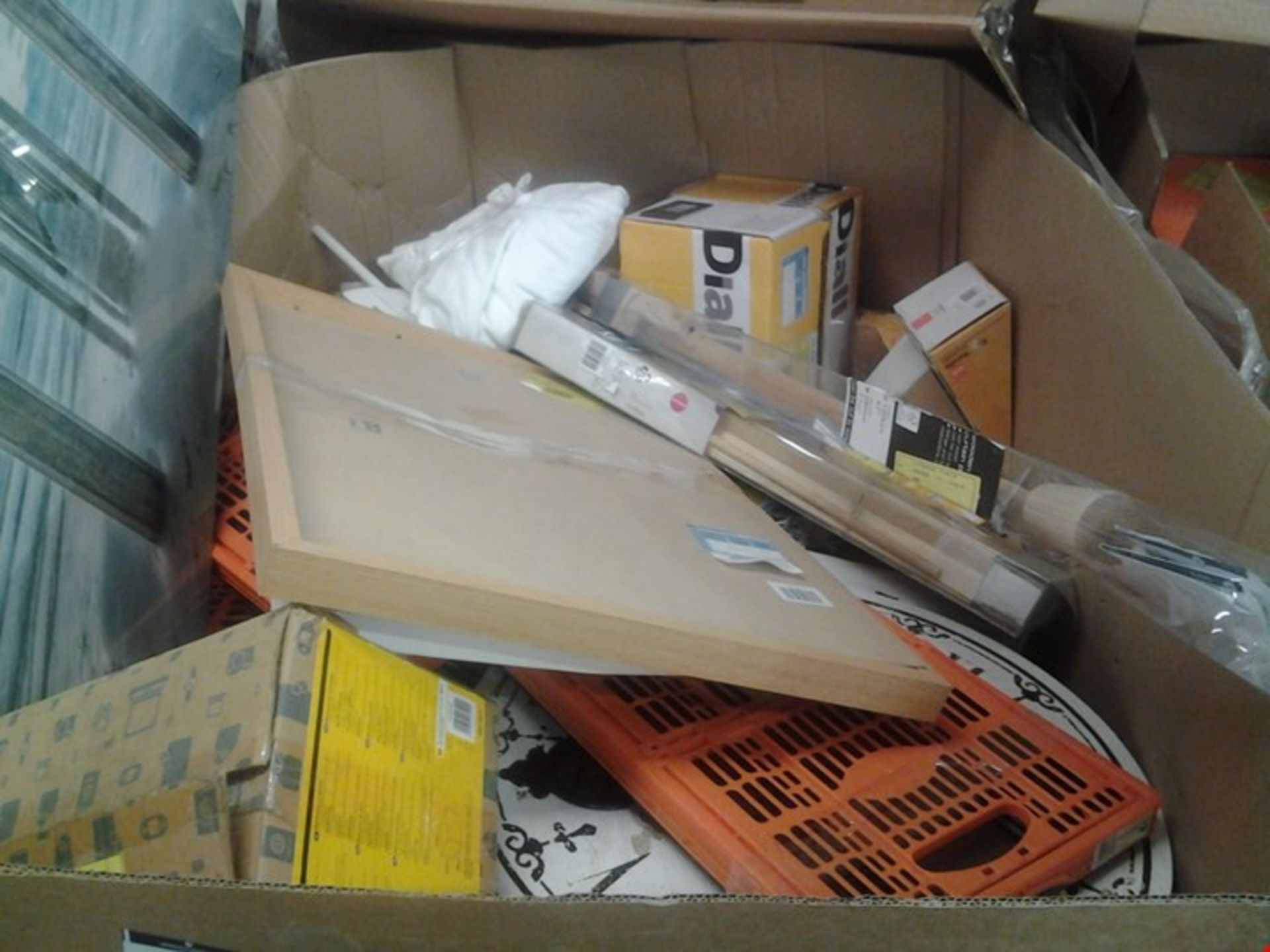 PALLET OF ASSORTED ITEMS INCLUDING STORAGE BOXES, WALL CLOCKS, WALL PRINTS, KEY SAFE, CURTAIN P...