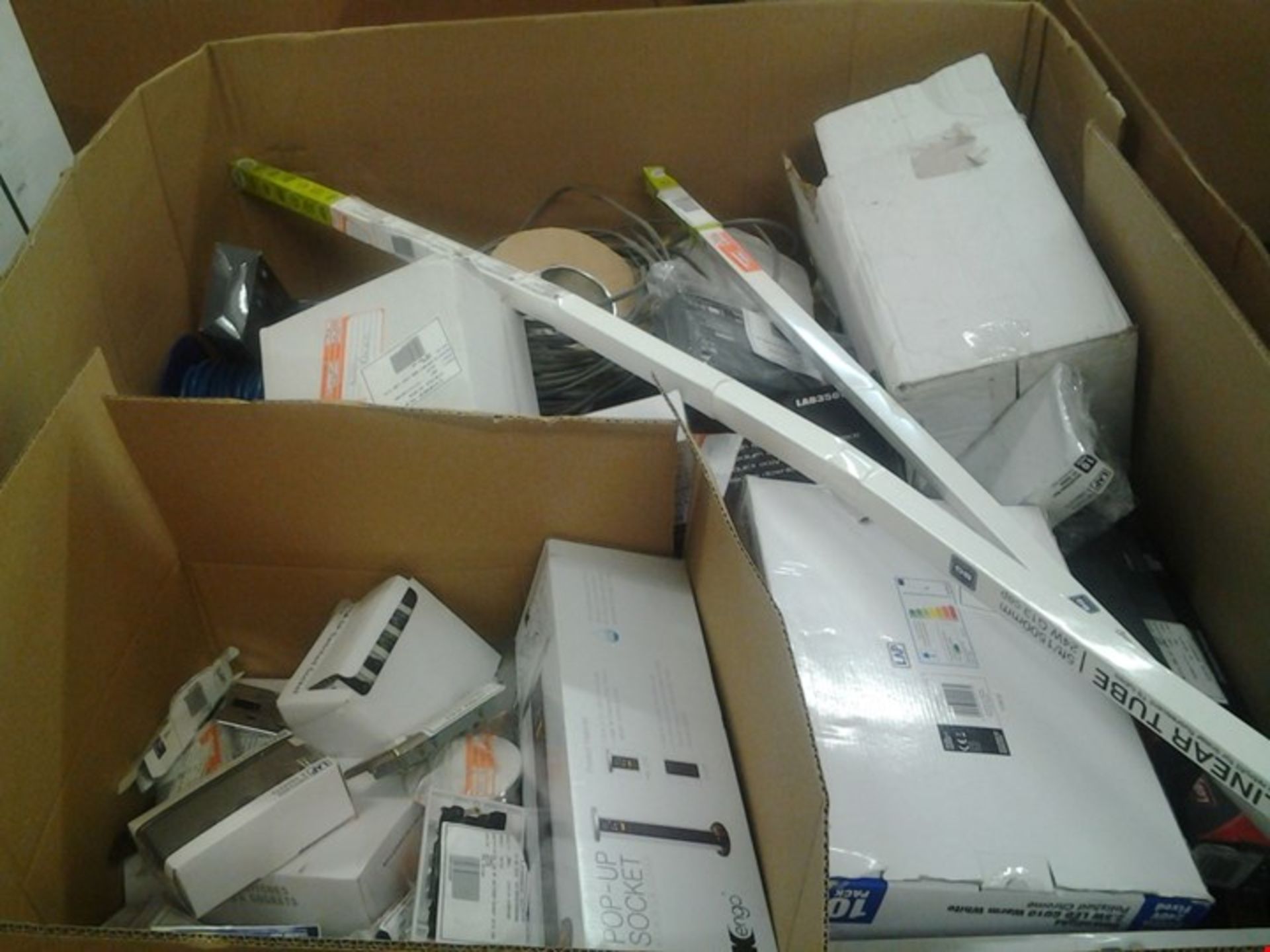 PALLET OF ASSORTED ITEMS INCLUDING WALL SOCKETS, WALL PLATES, STRIP BULBS, POP UP SICKETS, CABL...