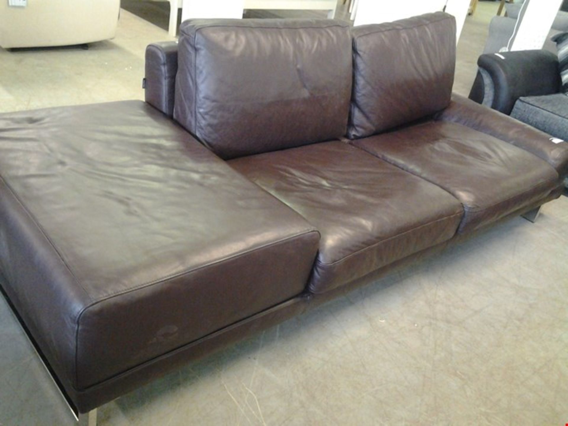 QUALITY ITALIAN BROWN LEATHER TWO SEATER SOFA WITH ATTACHED UPHOLSTERED SIDE TABLE ON CHROME FE...