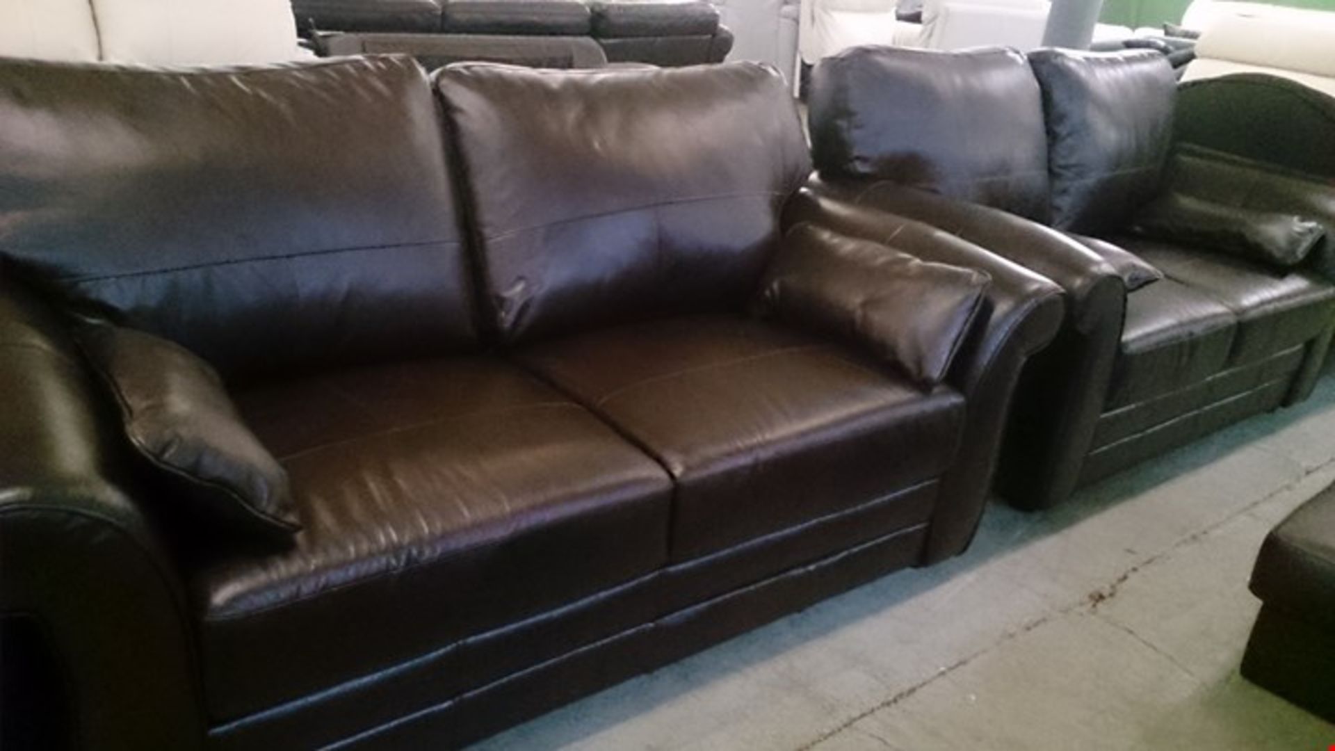 DESIGNER CHESTNUT LEATHER SCROLL ARM THREE & TWO SEATER SOFAS