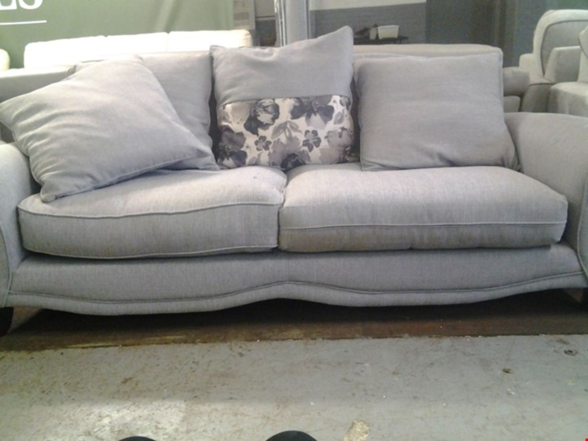 DESIGNER GREY FABRIC 2 SEATER SOFA AND 3 SEATER SOFA WITH GREY AND FLORAL SCATTERBACK CUSHIONS....