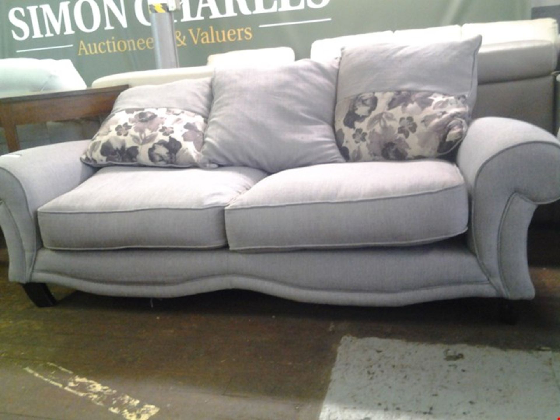 DESIGNER GREY FABRIC 2 SEATER SOFA AND 3 SEATER SOFA WITH GREY AND FLORAL SCATTERBACK CUSHIONS.... - Image 2 of 2