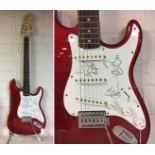 SQUIER AFFINITY STRATOCASTER IN RED - SIGNED ON SCRATCH PLATE BY MEMBERS OF CREAM