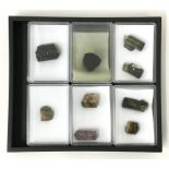 TOURMALINE ROUCH POLISHED SPECIMENS & FLOURITE CHAROITE CABS & FACETED STONE - IN 2 TRAYS