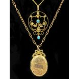 9CT GOLD TURQUOISE PENDANT & CHAIN WITH A 9CT GOLD ANTIQUE VICTORIAN LOCKET & CHAIN