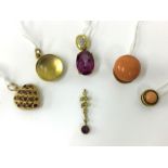 SIX 9CT GOLD CORAL& VARIOUS GEMSTONE DRESS STUDS & PENDANTS